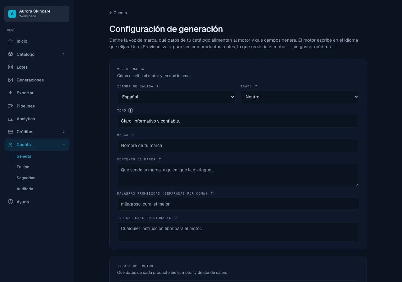Configura la voz de tu marca y qué campos genera el motor