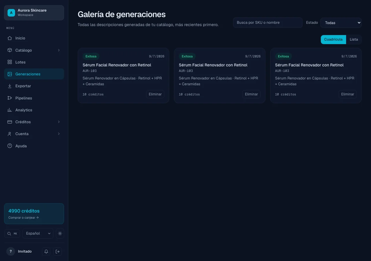Galería de descripciones generadas en la app de Bruxel
