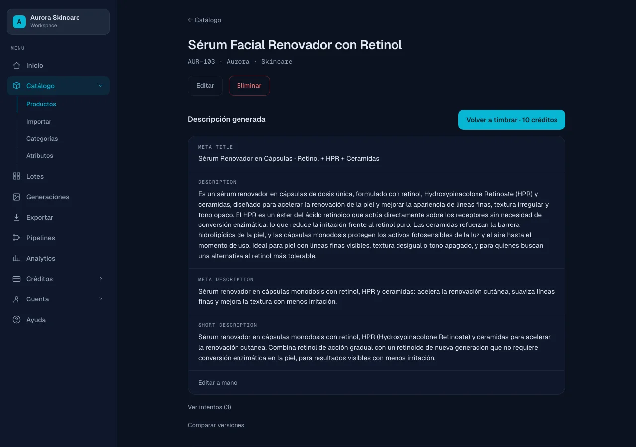 Captura de la app de Bruxel: la descripción generada de un producto